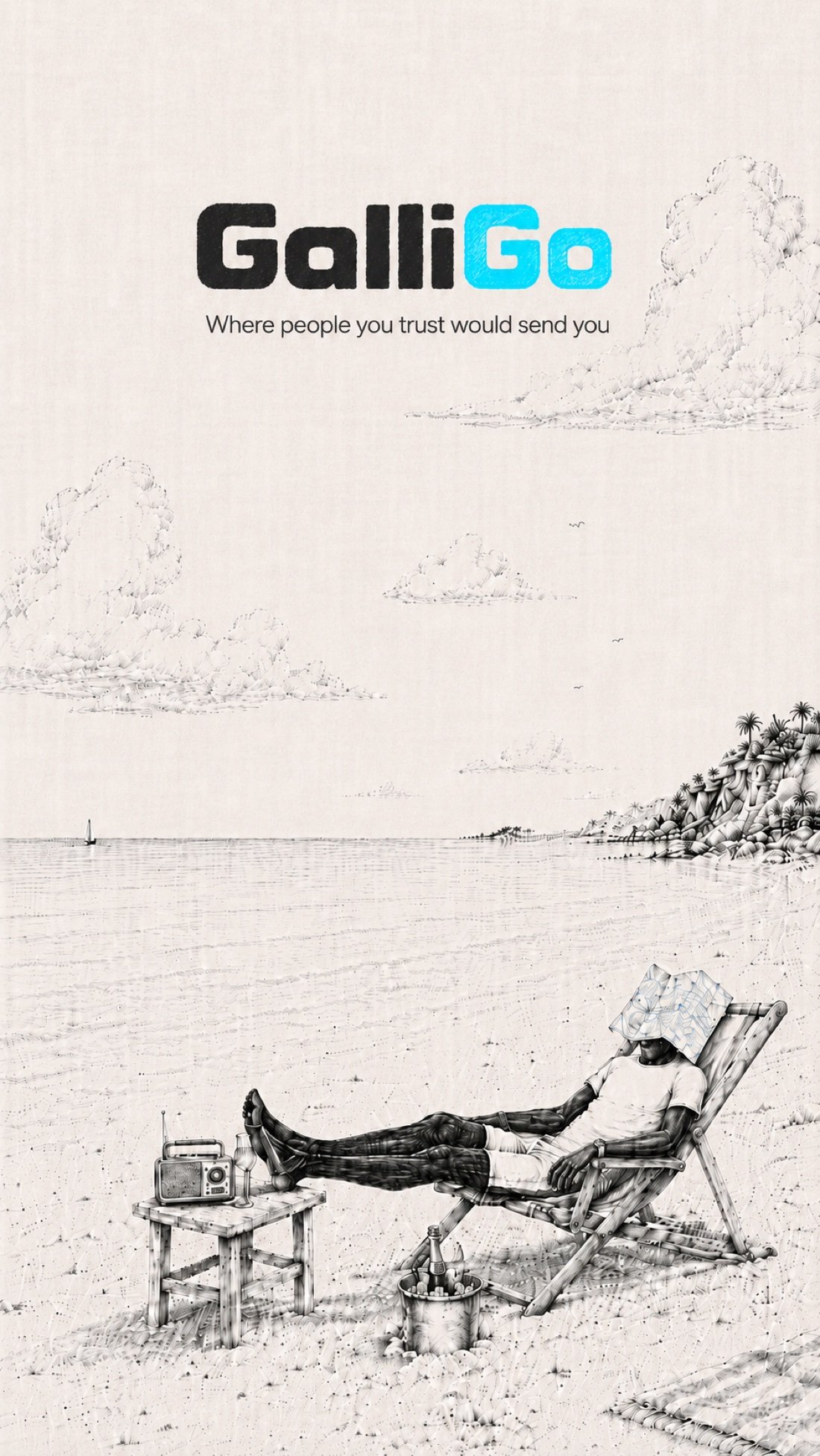 Illustrated GalliGo launch poster showing a traveler relaxing on a drawn beach beneath the GalliGo wordmark